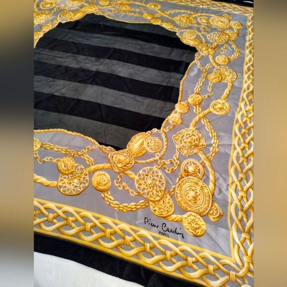 Pierre Cardin Paris 💯 Silk Scarf Gold & Black - Picture 8 of 16